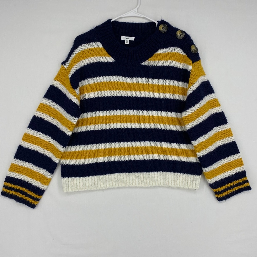 BP Womens XS Cropped Sweater Blue Yellow Stripe Long Slv Drop Shoulder Relaxed
